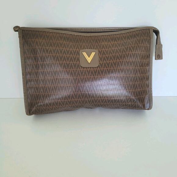 Mario Valentino Bag Clutch Unisex Vintage Pouch Zip Italian Brown Logo Handbag - Picture 1 of 11